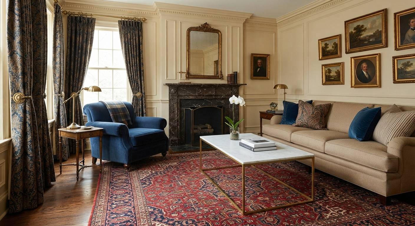 Traditional living room with a modern coffee table to avoid a dated look