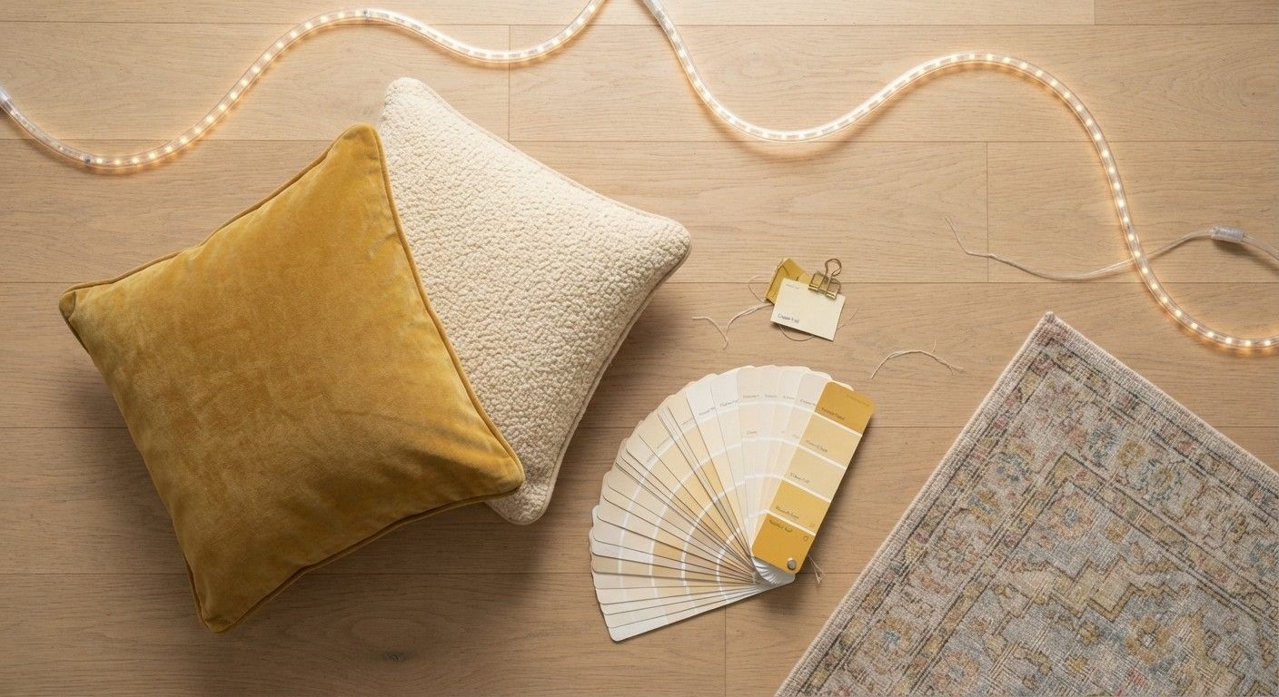 Renter-friendly peel-and-stick wallpaper accent wall in a colorful living room