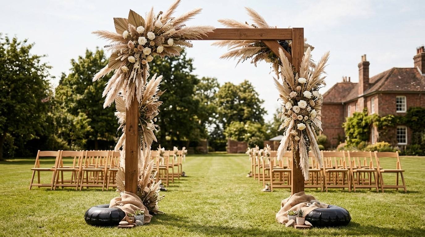 weighted garden wedding arch anchored against wind on outdoor lawn