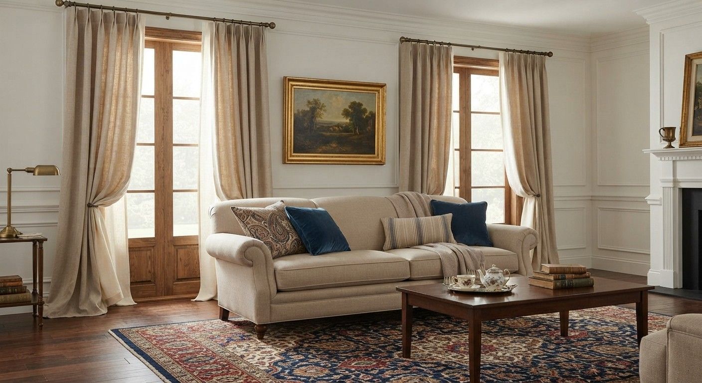 Traditional living room decor with lined curtains and patterned rug