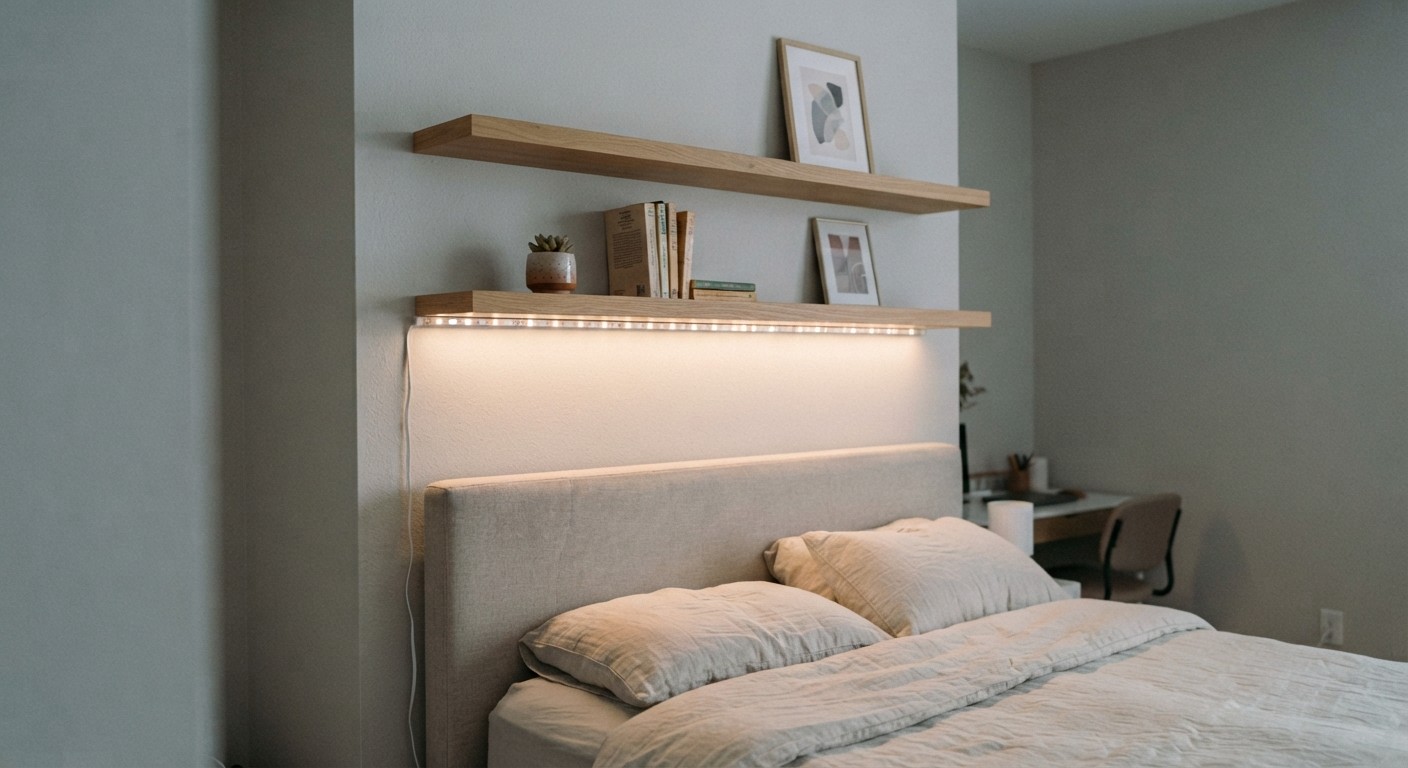 LED strip lighting under floating shelves in a small apartment bedroom