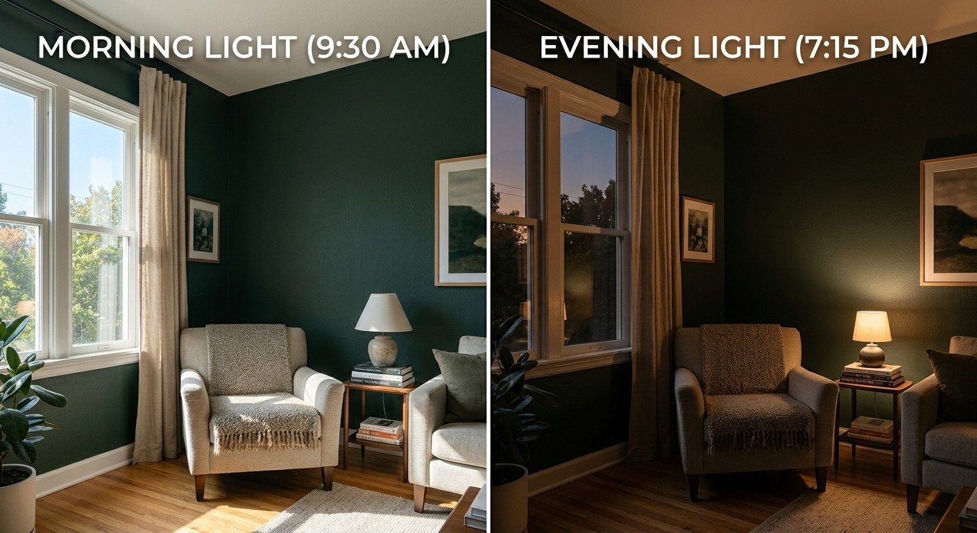 dark living room paint color looking different in morning versus evening light