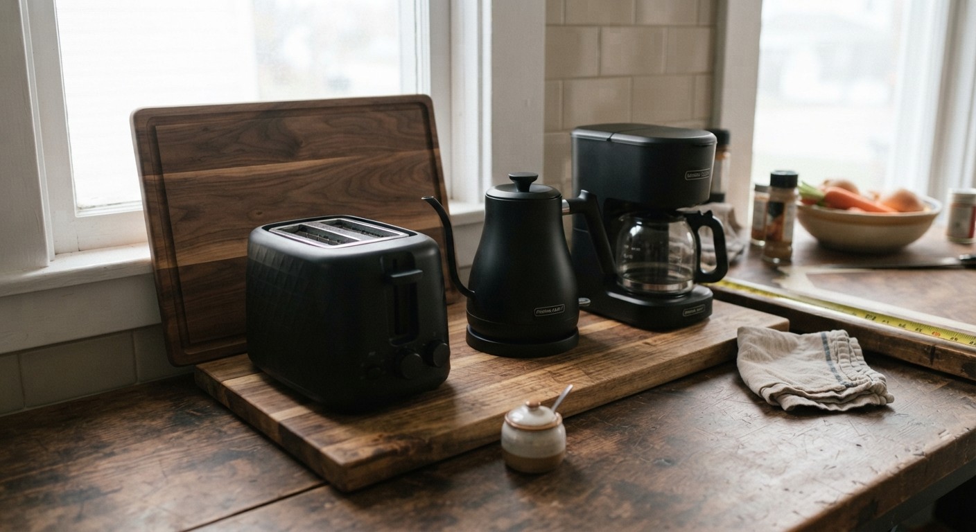 Small kitchen appliances grouped on a wood board as countertop decor when storage is limited