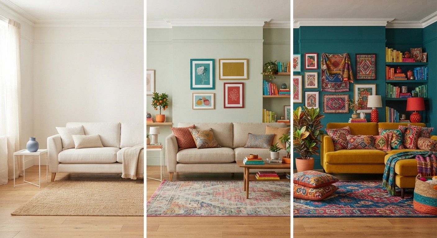 Three living room dopamine decor examples showing low, medium and high color levels