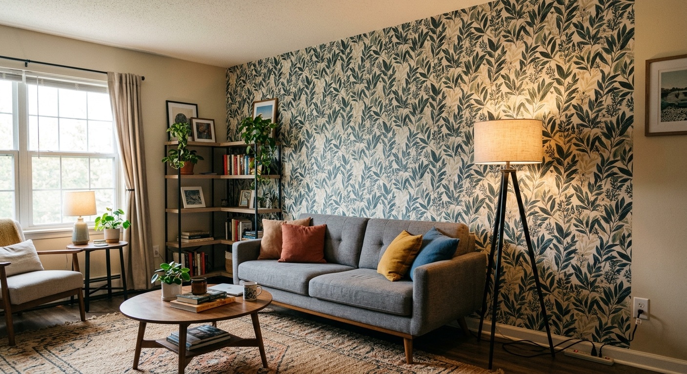 Renter-friendly living room decor with removable wallpaper and plug-in floor lamp