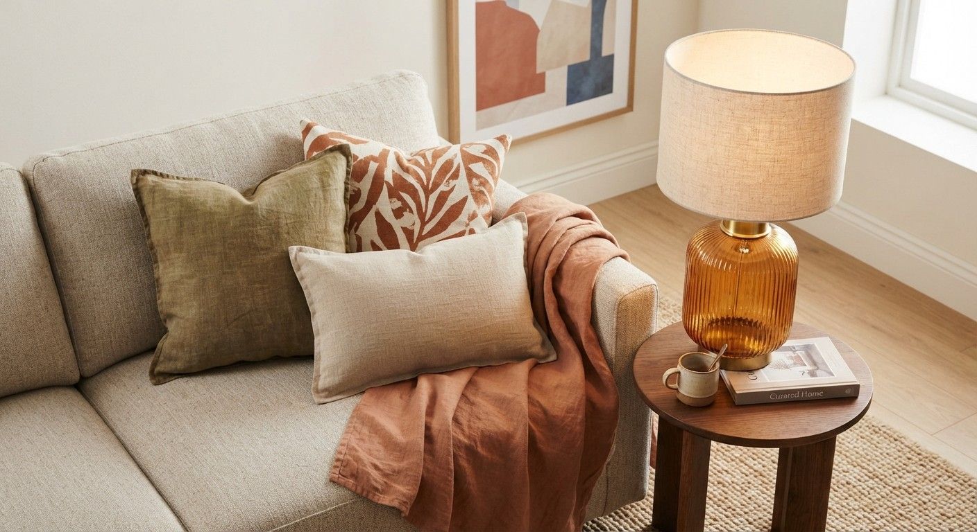 Affordable 2026 living room decor swaps including amber glass lamp and linen cushions