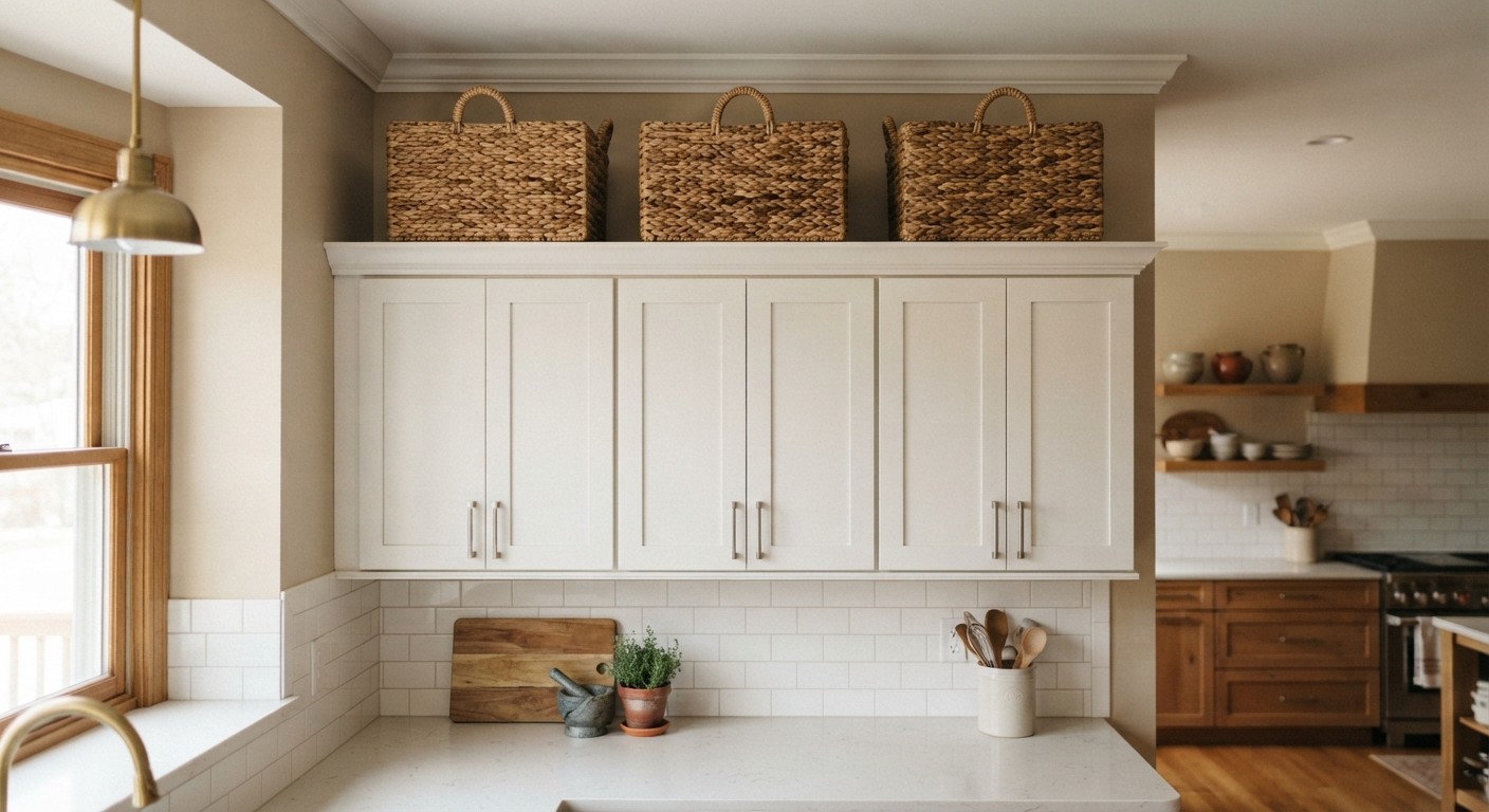 Woven baskets above kitchen cabinets for hidden storage and decor