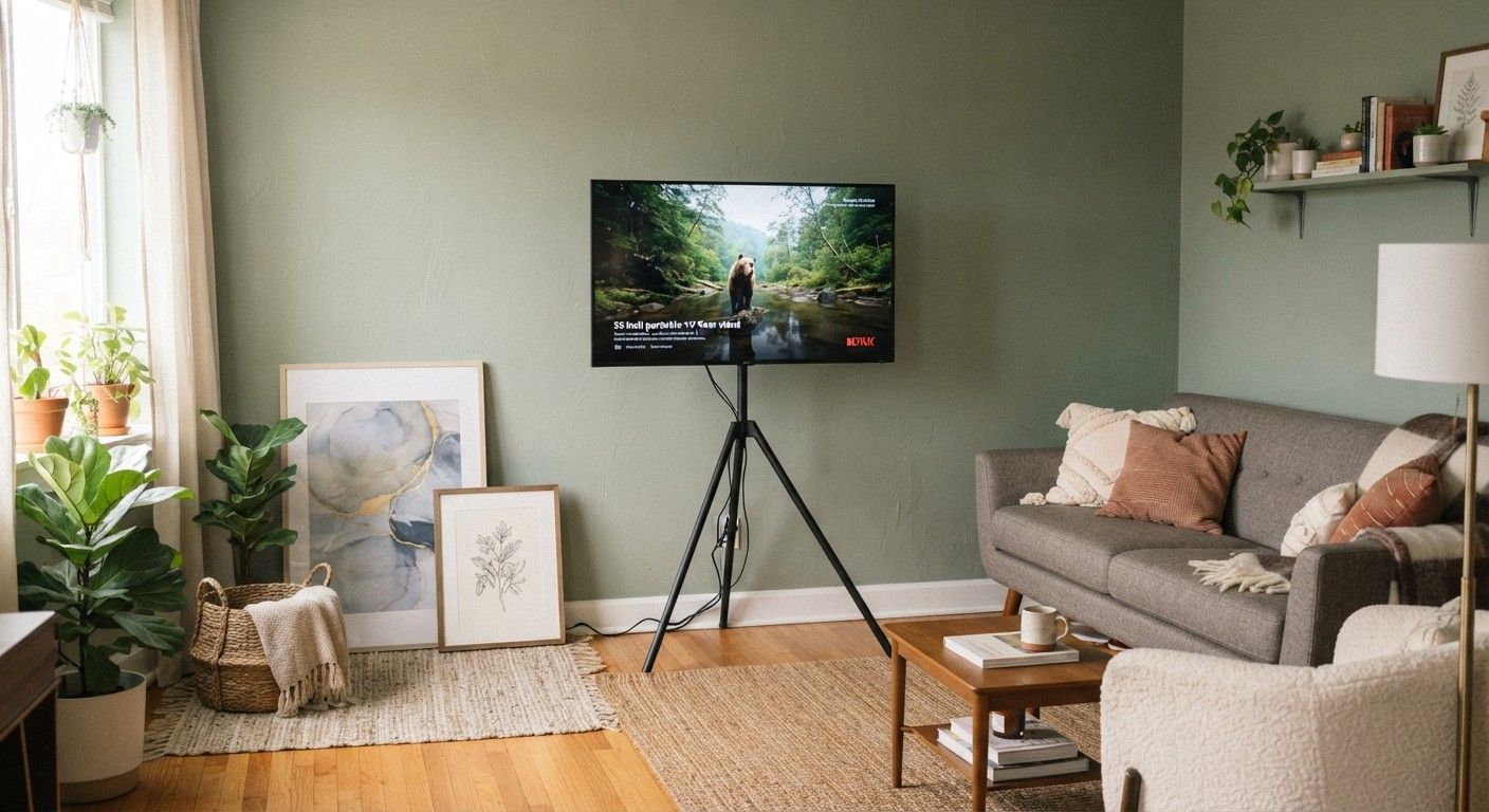 renter-friendly living room TV wall using a floor stand and leaning art