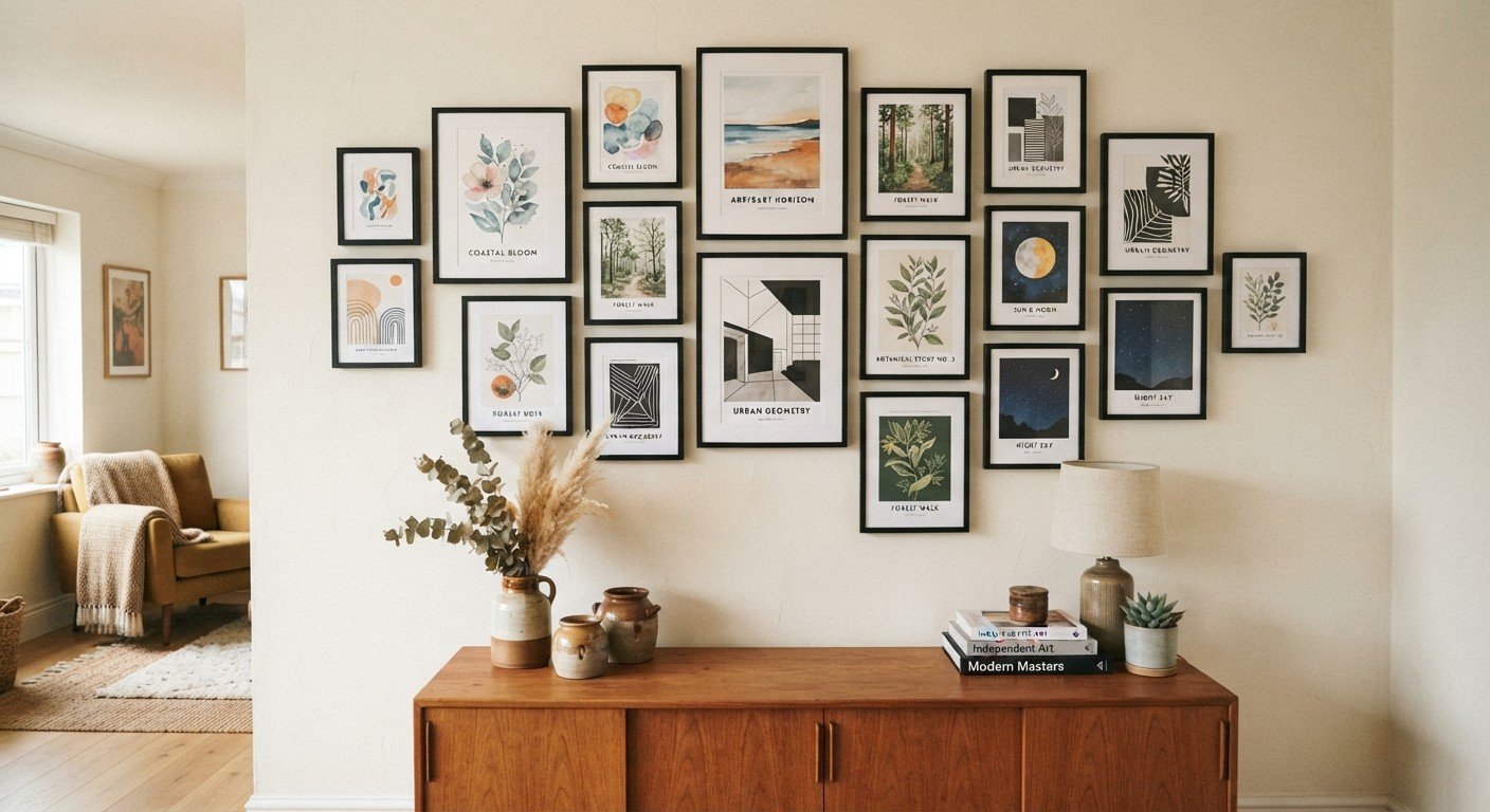 gallery wall of independent artist prints above a living room sideboard