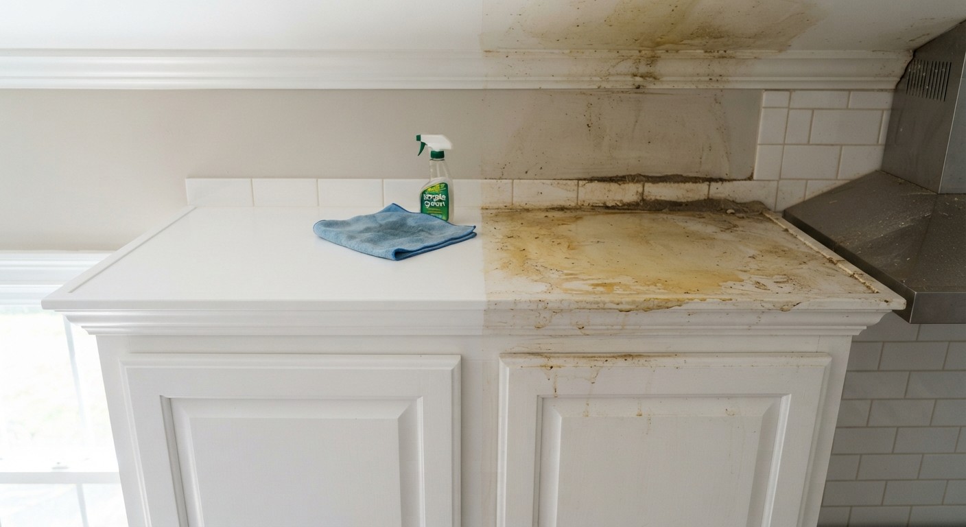 Kitchen cabinet tops before and after cleaning grease and dust