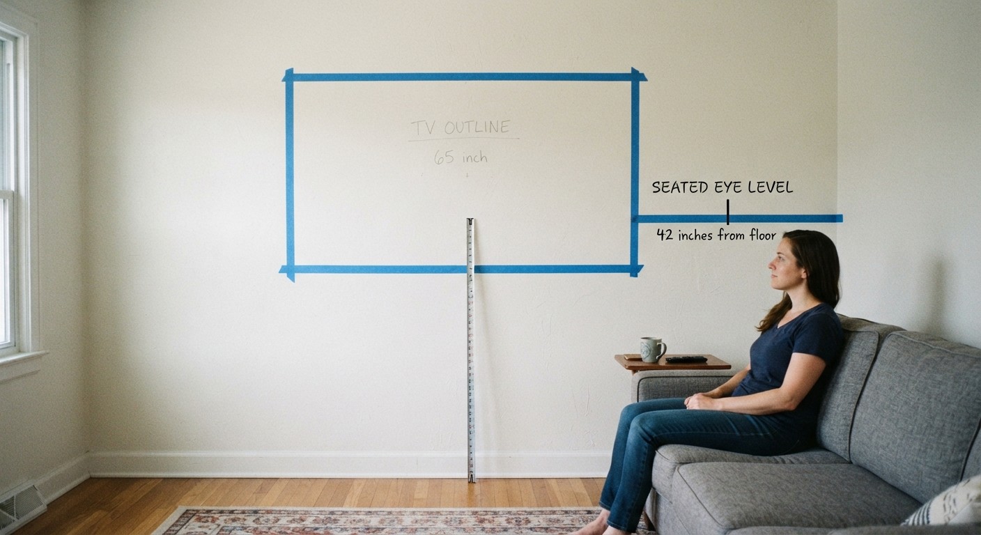 painter's tape outline marking TV mounting height at seated eye level