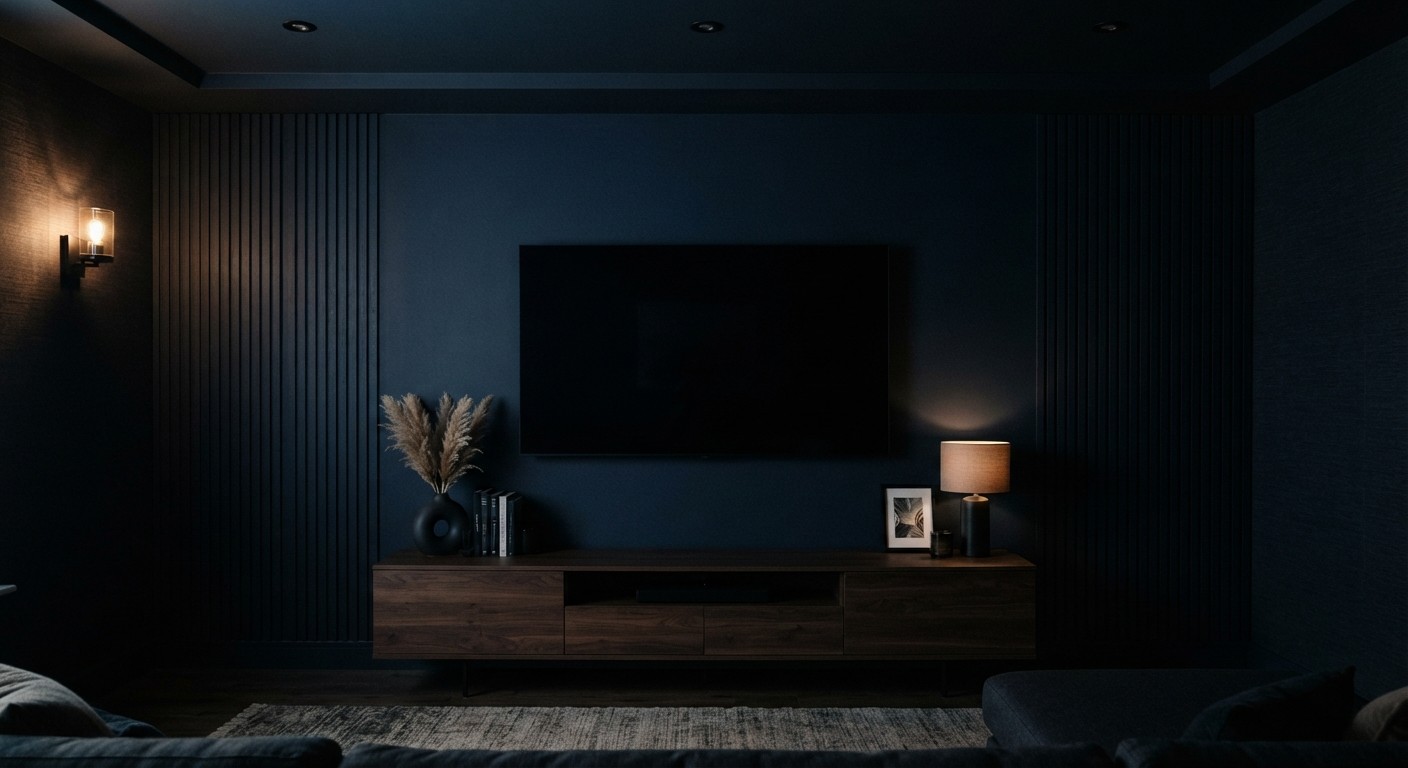dark navy living room TV wall where the switched-off screen blends in