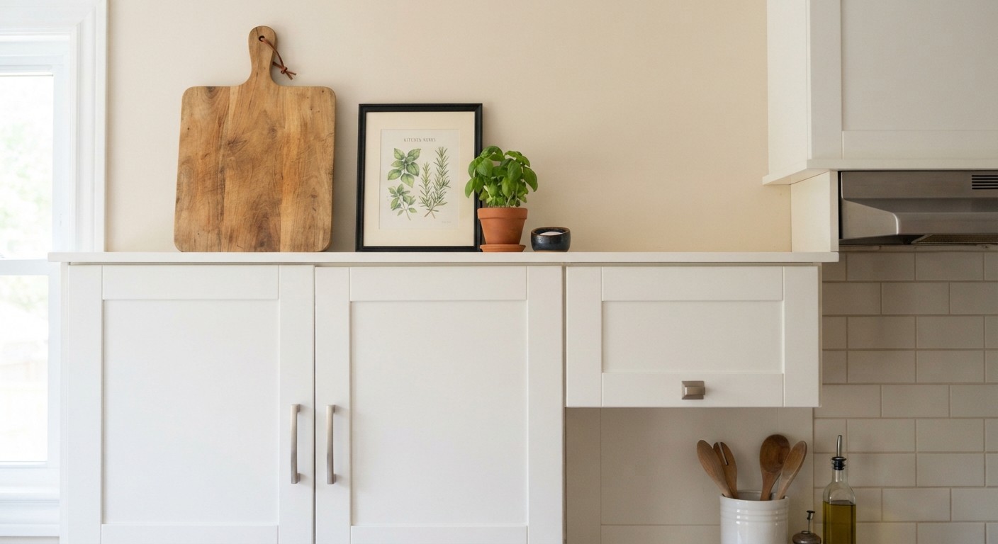 Leaned cutting board and framed art as renter-friendly kitchen decor above cabinets